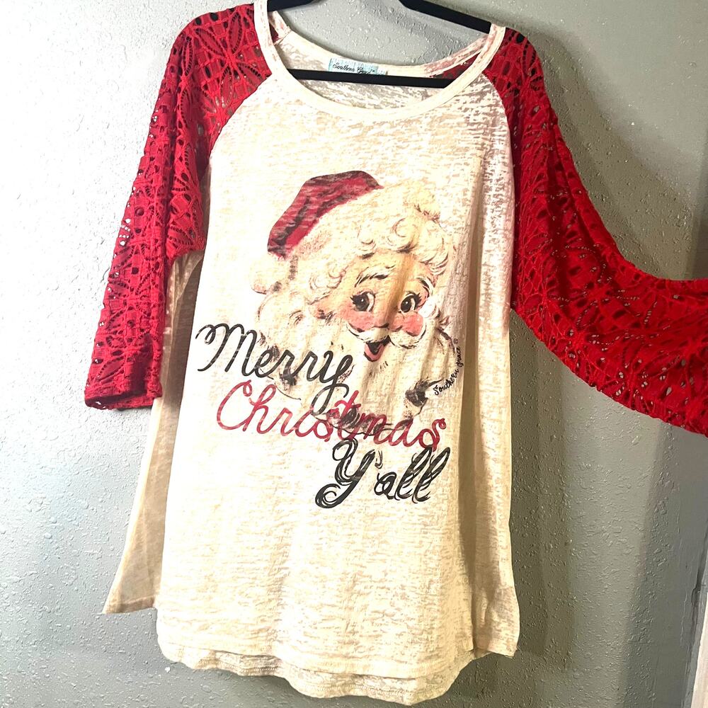 Southern Grace Merry Christmas YAll 3xl Santa Claus Womens Shirt Red Lace & Tan